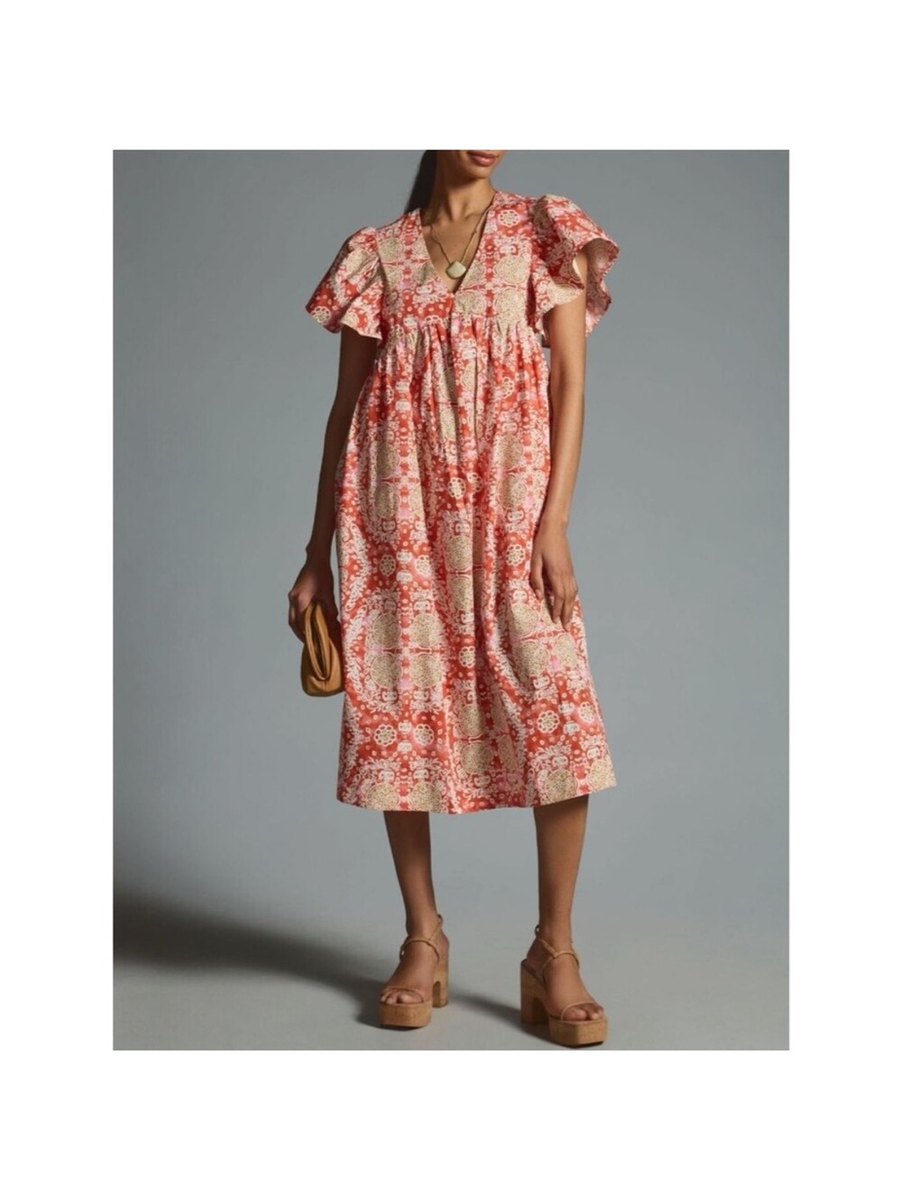 Anthropologie Coral & Cream Floral Midi Dress with Flutter Sleeves XL